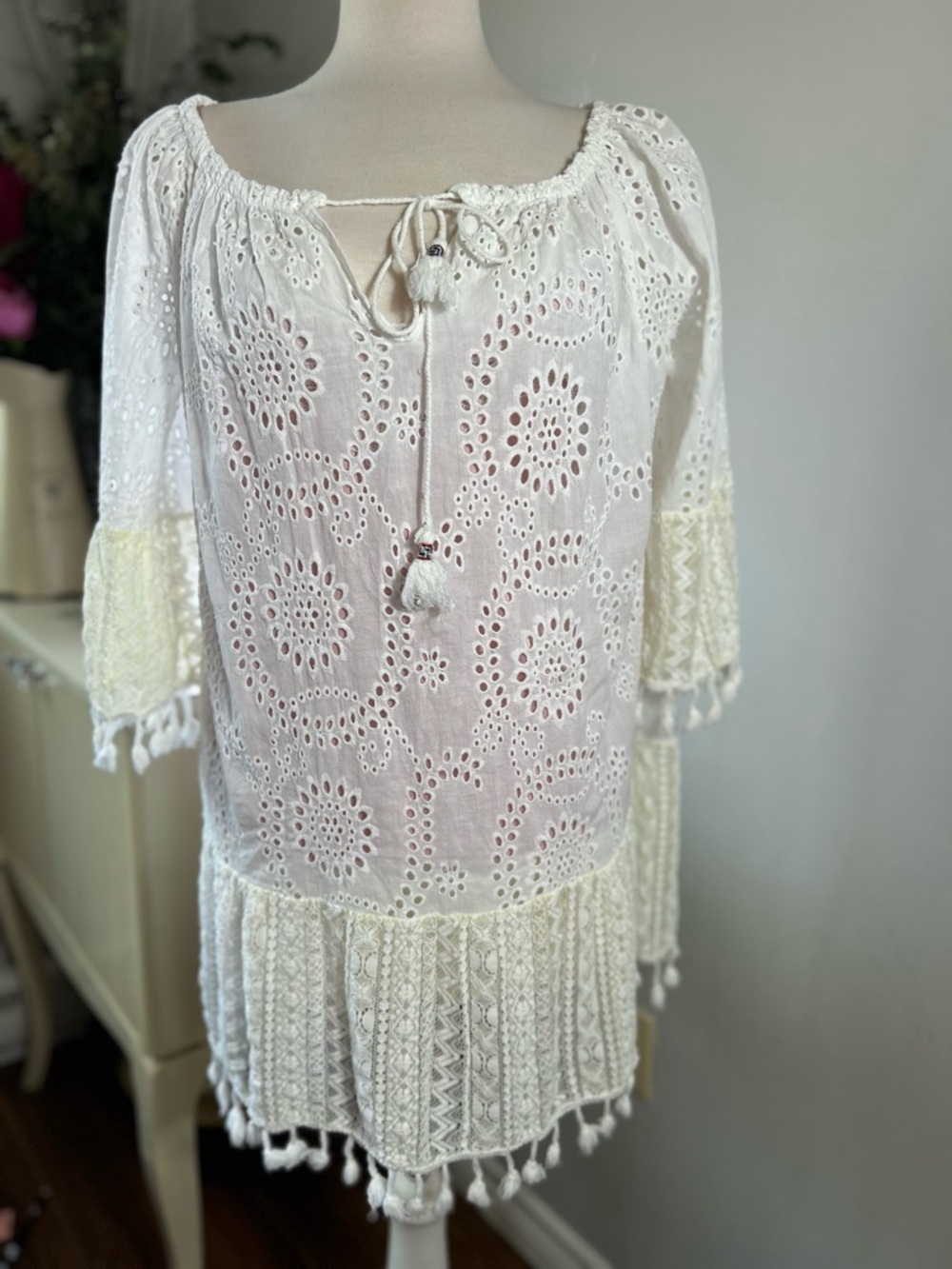 Giulia Rosi Italy White Cotton Eyelet Tassel Tunic Top / Mini Dress - S/M